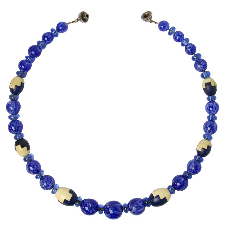 Art Deco necklace with blue & cream-colored Galalith beads