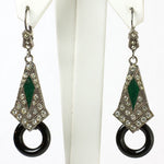 Diamante dangle earrings w/emerald enamel & onyx hoops