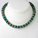 Statement choker necklace with red, black, green & diamanté disks