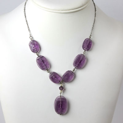 Amethyst drop necklace w/molded-glass plaques