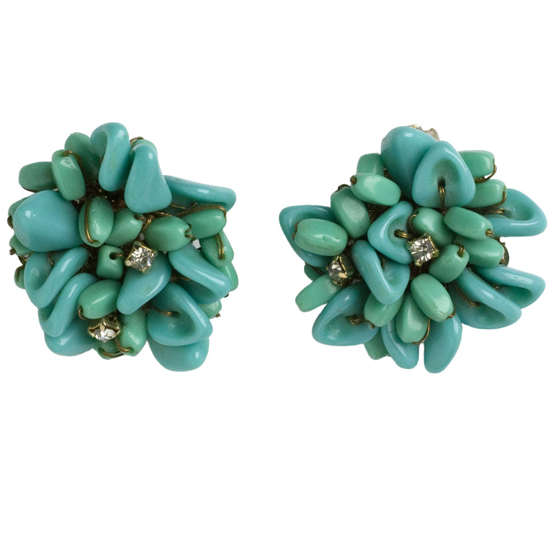 Turquoise & diamante 1950s ear clips